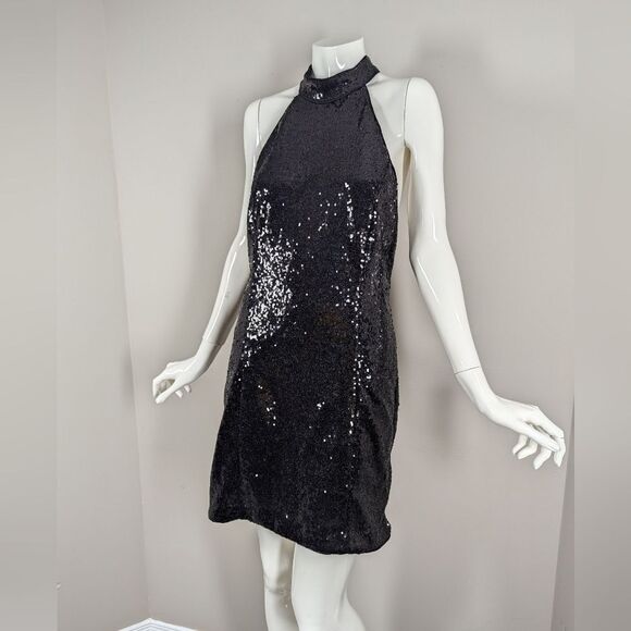 Dynamite Black Sequin Halter Mini Dress Sparkle Party Size Med - Picture 1 of 9